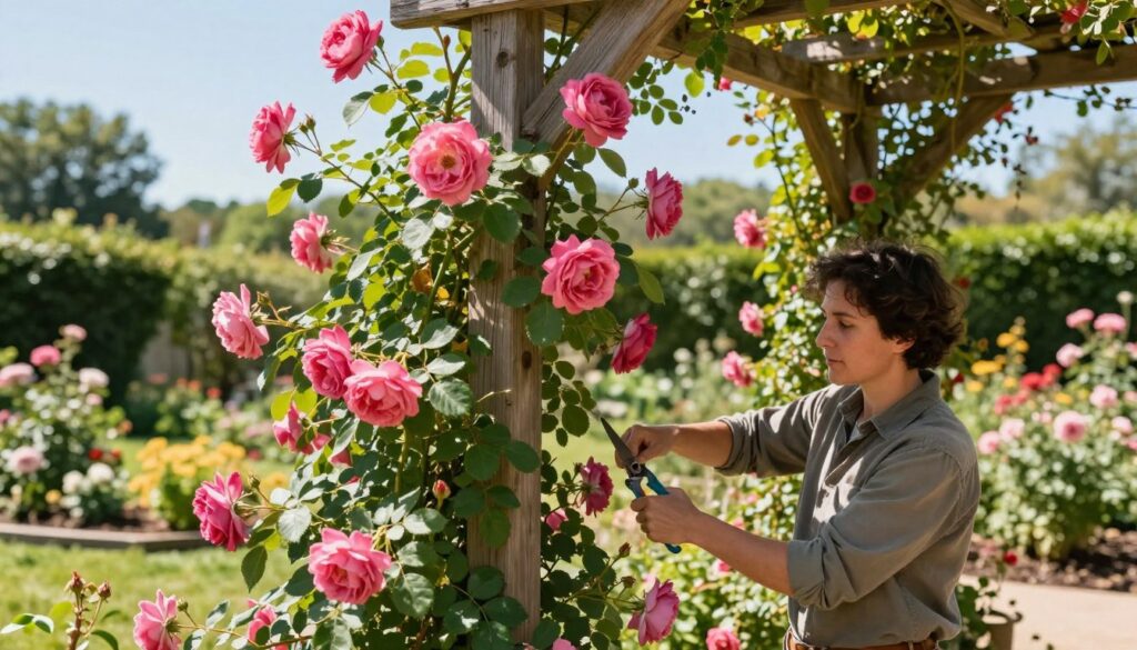A serene garden scene showcasing the optimal timing for pruning climbing roses. In the foreground, a pair of well-groomed, vibrant pink climbing roses attached to a sturdy wooden trellis, showing fresh growth and healthy leaves. A gardener, dressed in modest casual clothing, focuses intently on carefully cutting with sharp pruning shears. In the middle ground, lush green foliage surrounds the roses, with soft, dappled sunlight filtering through the leaves, creating a warm, inviting atmosphere. In the background, a tranquil garden setting is visible with well-maintained flower beds and distant trees, all under a clear blue sky. The composition is balanced, emphasizing the connection between the gardener and the roses, evoking feelings of care and expertise in gardening. A serene garden scene showcasing the optimal timing for pruning climbing roses. In the foreground, a pair of well-groomed, vibrant pink climbing roses attached to a sturdy wooden trellis, showing fresh growth and healthy leaves. A gardener, dressed in modest casual clothing, focuses intently on carefully cutting with sharp pruning shears. In the middle ground, lush green foliage surrounds the roses, with soft, dappled sunlight filtering through the leaves, creating a warm, inviting atmosphere. In the background, a tranquil garden setting is visible with well-maintained flower beds and distant trees, all under a clear blue sky. The composition is balanced, emphasizing the connection between the gardener and the roses, evoking feelings of care and expertise in gardening.