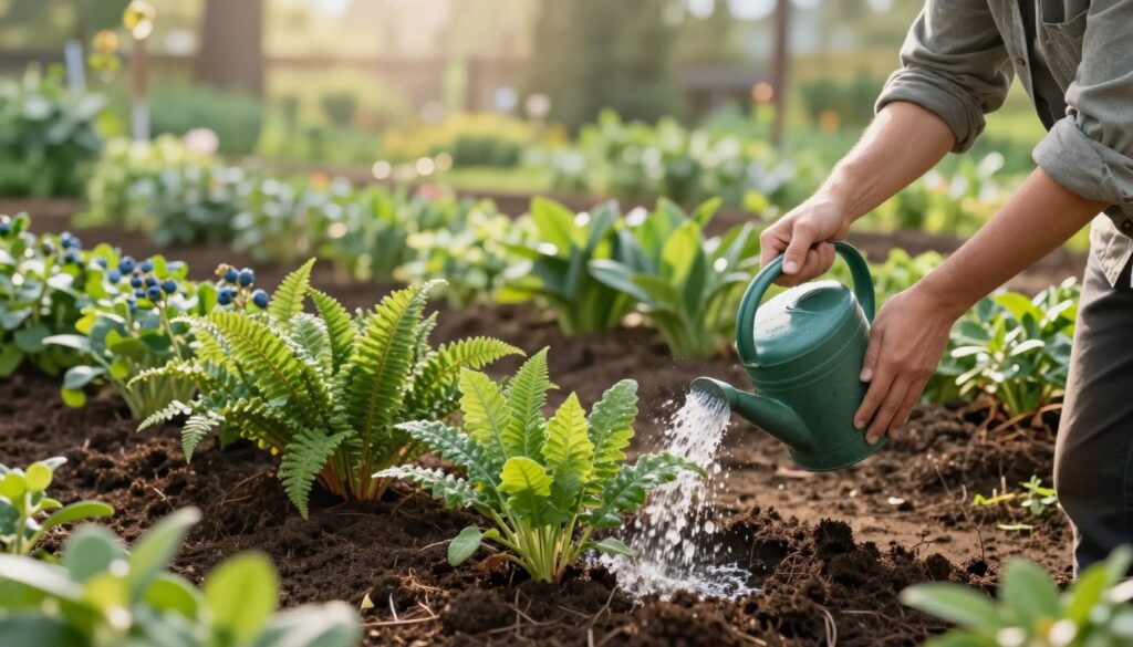 A serene garden scene showcasing the principles of watering and nourishing plants thriving in peat soil. In the foreground, a gardener in modest casual clothing is gently watering vibrant green plants, emphasizing the importance of proper hydration. The middle ground features an array of lush, acid-loving plants, such as blueberries and ferns, growing abundantly in rich, dark peat substrate. Soft morning light filters through trees, casting delicate shadows and creating a tranquil atmosphere. The background is filled with a gently blurred landscape of more extensive garden beds and a faint glimpse of a watering can, suggesting care and attention in plant cultivation. The overall mood is peaceful, educational, and inviting, perfect for illustrating horticultural practices. A serene garden scene showcasing the principles of watering and nourishing plants thriving in peat soil. In the foreground, a gardener in modest casual clothing is gently watering vibrant green plants, emphasizing the importance of proper hydration. The middle ground features an array of lush, acid-loving plants, such as blueberries and ferns, growing abundantly in rich, dark peat substrate. Soft morning light filters through trees, casting delicate shadows and creating a tranquil atmosphere. The background is filled with a gently blurred landscape of more extensive garden beds and a faint glimpse of a watering can, suggesting care and attention in plant cultivation. The overall mood is peaceful, educational, and inviting, perfect for illustrating horticultural practices.