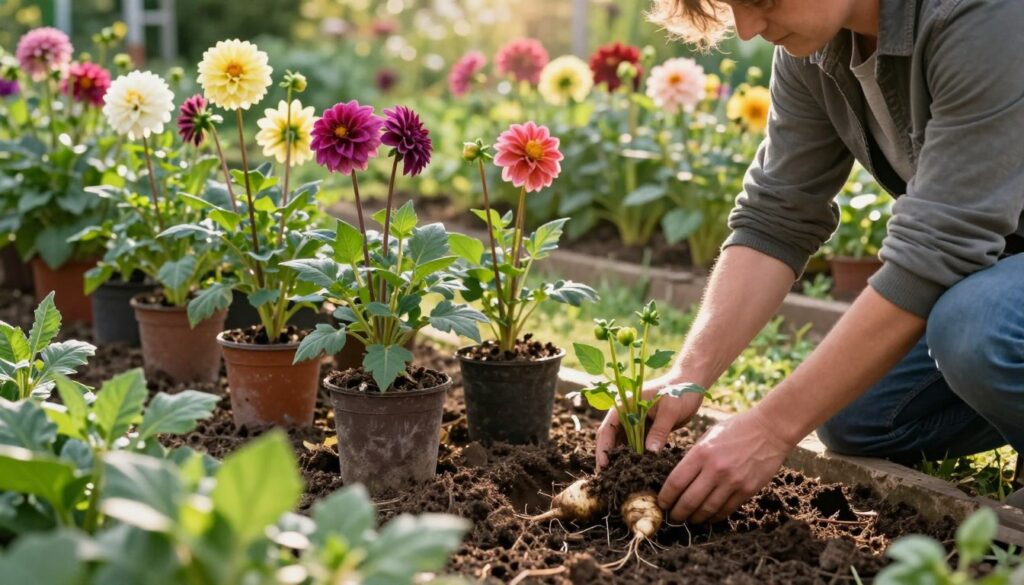 A serene garden scene showcasing various methods of dahlia propagation. In the foreground, a gardener in modest casual clothing gently divides a clump of dahlia tubers, surrounded by rich soil and vibrant green foliage. In the middle ground, several rows of potted dahlia plants exhibit differing heights, colors, and blooming stages, emphasizing their growth potential. The background features a sunlit garden with dahlia flowers in full bloom, highlighting their diverse colors. Soft, warm sunlight filters through the leaves creating gentle shadows, enhancing the tranquil atmosphere. The composition is captured from a slightly elevated angle, focusing on the gardener's actions and the lush garden environment, conveying a sense of dedication and care in dahlia cultivation. A serene garden scene showcasing various methods of dahlia propagation. In the foreground, a gardener in modest casual clothing gently divides a clump of dahlia tubers, surrounded by rich soil and vibrant green foliage. In the middle ground, several rows of potted dahlia plants exhibit differing heights, colors, and blooming stages, emphasizing their growth potential. The background features a sunlit garden with dahlia flowers in full bloom, highlighting their diverse colors. Soft, warm sunlight filters through the leaves creating gentle shadows, enhancing the tranquil atmosphere. The composition is captured from a slightly elevated angle, focusing on the gardener's actions and the lush garden environment, conveying a sense of dedication and care in dahlia cultivation.