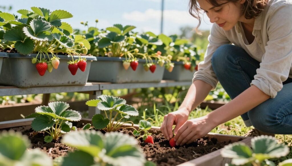 A serene garden scene showcasing various techniques for planting strawberries, featuring lush green foliage and vibrant red strawberries. In the foreground, a gardener kneels, expertly planting strawberry seedlings in a well-tended raised bed, wearing modest casual clothing. In the middle ground, a small balcony adorned with planters overflowing with strawberry plants, some ripe and glistening in the sunlight. The background captures a bright, sunny day with a clear blue sky, enhancing the warm atmosphere. Soft, natural lighting highlights the texture of the leaves and fruits, while a shallow depth of field draws focus on the planting techniques. The overall mood is inviting and tranquil, ideal for showcasing effective gardening practices. A serene garden scene showcasing various techniques for planting strawberries, featuring lush green foliage and vibrant red strawberries. In the foreground, a gardener kneels, expertly planting strawberry seedlings in a well-tended raised bed, wearing modest casual clothing. In the middle ground, a small balcony adorned with planters overflowing with strawberry plants, some ripe and glistening in the sunlight. The background captures a bright, sunny day with a clear blue sky, enhancing the warm atmosphere. Soft, natural lighting highlights the texture of the leaves and fruits, while a shallow depth of field draws focus on the planting techniques. The overall mood is inviting and tranquil, ideal for showcasing effective gardening practices.