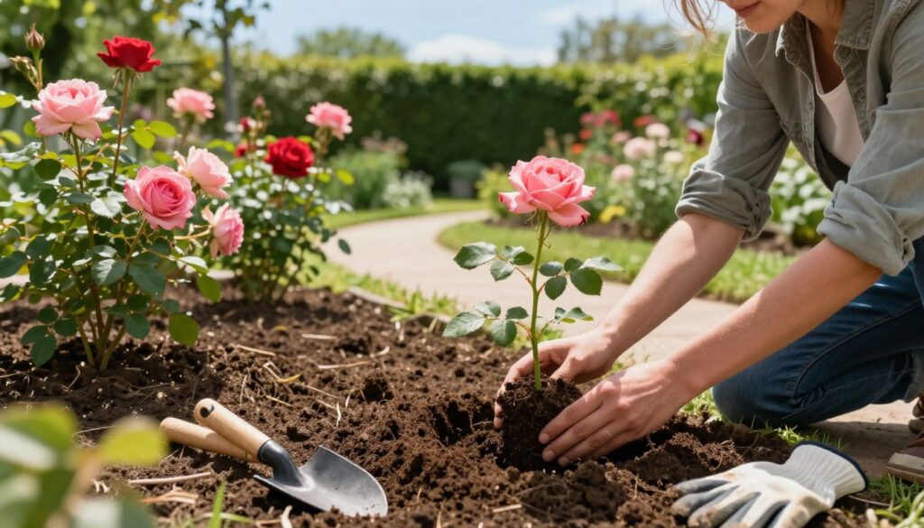 A serene garden scene showing the step-by-step technique of planting roses. In the foreground, a gardener in modest casual clothing kneels, holding a small rose sapling, carefully positioning it in rich, dark soil. Surrounding the sapling are garden tools, like a trowel and gloves, scattered for a sense of preparation. The middle ground features several rose bushes in various stages of growth, with vibrant pink and red blooms, showcasing the potential outcome of the planting process. In the background, an inviting, sunlit garden path leads to a lush, green hedge, under a clear blue sky. Soft, natural lighting enhances the colors, creating a warm and inviting atmosphere, perfect for gardening enthusiasts. The scene captures both the technique and the beauty of planting roses, conveying a sense of growth and nurturing.