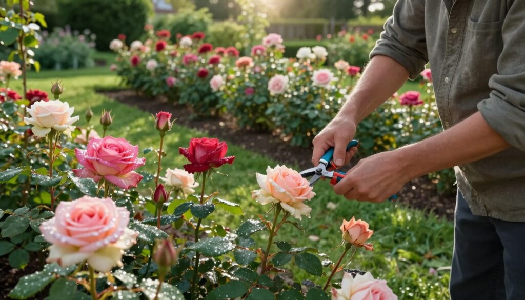A serene garden setting featuring a close-up of a person in modest gardening attire carefully pruning different varieties of roses. The foreground showcases lush rose bushes with vibrant blooms in various colors, their petals glistening with morning dew. In the middle ground, the gardener is focused on cutting back spent flowers with precision, using sharp, clean pruning shears. Soft, natural sunlight filters through the leaves overhead, casting gentle shadows that enhance the tranquility of the scene. In the background, a mix of neatly cultivated rows of roses demonstrates the differences in growth habits and styles, surrounded by fresh green foliage. The atmosphere is calm and nurturing, embodying the art of rose care and the anticipation of new blooms. A serene garden setting featuring a close-up of a person in modest gardening attire carefully pruning different varieties of roses. The foreground showcases lush rose bushes with vibrant blooms in various colors, their petals glistening with morning dew. In the middle ground, the gardener is focused on cutting back spent flowers with precision, using sharp, clean pruning shears. Soft, natural sunlight filters through the leaves overhead, casting gentle shadows that enhance the tranquility of the scene. In the background, a mix of neatly cultivated rows of roses demonstrates the differences in growth habits and styles, surrounded by fresh green foliage. The atmosphere is calm and nurturing, embodying the art of rose care and the anticipation of new blooms.