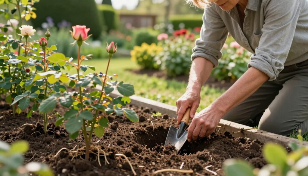 A serene garden setting focused on a "miejsce okulizacji" for rose planting, featuring a skilled gardener in modest casual clothing using a trowel to create a small planting hole in rich, dark soil. In the foreground, display vibrant, budding rose plants with an emphasis on their healthy roots being prepared for planting. In the middle, capture the sunlight filtering through lush green foliage, highlighting the gardener's careful technique and the process of ensuring optimal planting depth. The background showcases a beautifully manicured garden with a variety of flowering plants, creating a peaceful and nurturing atmosphere. Utilize soft afternoon lighting to evoke a sense of calm and dedication to gardening. The angle should be slightly elevated, focusing on the interaction between the gardener and the plants without any text or distractions. A serene garden setting focused on a "miejsce okulizacji" for rose planting, featuring a skilled gardener in modest casual clothing using a trowel to create a small planting hole in rich, dark soil. In the foreground, display vibrant, budding rose plants with an emphasis on their healthy roots being prepared for planting. In the middle, capture the sunlight filtering through lush green foliage, highlighting the gardener's careful technique and the process of ensuring optimal planting depth. The background showcases a beautifully manicured garden with a variety of flowering plants, creating a peaceful and nurturing atmosphere. Utilize soft afternoon lighting to evoke a sense of calm and dedication to gardening. The angle should be slightly elevated, focusing on the interaction between the gardener and the plants without any text or distractions.