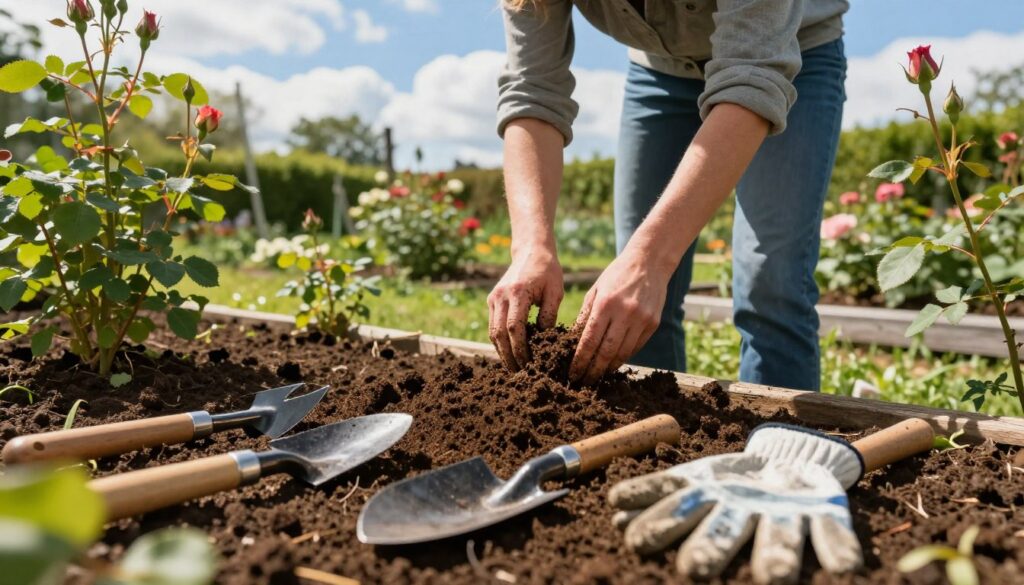 A serene garden setting focused on preparing a flower bed for roses. In the foreground, a well-tended patch of rich, moist soil is framed by neatly arranged gardening tools, such as a trowel and gloves. The middle ground features a gardener in modest casual clothing, skillfully mixing organic compost and soil, their hands working the earth. Vibrant green foliage and budding rose plants line the edges, hinting at the beauty to come. The background showcases a bright blue sky, with soft sunlight filtering through scattered clouds, casting gentle shadows on the garden. The atmosphere is tranquil and inviting, capturing the essence of careful preparation for planting roses. A serene garden setting focused on preparing a flower bed for roses. In the foreground, a well-tended patch of rich, moist soil is framed by neatly arranged gardening tools, such as a trowel and gloves. The middle ground features a gardener in modest casual clothing, skillfully mixing organic compost and soil, their hands working the earth. Vibrant green foliage and budding rose plants line the edges, hinting at the beauty to come. The background showcases a bright blue sky, with soft sunlight filtering through scattered clouds, casting gentle shadows on the garden. The atmosphere is tranquil and inviting, capturing the essence of careful preparation for planting roses.