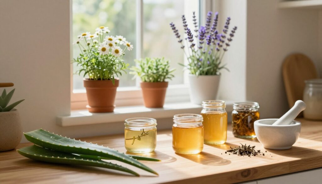 A serene, harmonious kitchen scene showcasing natural remedies for skin recovery. In the foreground, a wooden table displays an assortment of fresh ingredients: aloe vera leaves, honey jars, and herbal infusions, elegantly arranged. A small mortar and pestle with dried herbs hint at the preparation of soothing pastes. In the middle ground, a sunlit window reveals potted healing plants, like chamomile and lavender, adding a vibrant touch with their delicate flowers. The background features soft, warm-toned walls and gentle shadows, creating a welcoming atmosphere. The lighting is soft and diffused, as if it's early morning, evoking a sense of calm and wellness. The overall mood is inviting, emphasizing the use of natural, homemade solutions for skin rejuvenation. A serene, harmonious kitchen scene showcasing natural remedies for skin recovery. In the foreground, a wooden table displays an assortment of fresh ingredients: aloe vera leaves, honey jars, and herbal infusions, elegantly arranged. A small mortar and pestle with dried herbs hint at the preparation of soothing pastes. In the middle ground, a sunlit window reveals potted healing plants, like chamomile and lavender, adding a vibrant touch with their delicate flowers. The background features soft, warm-toned walls and gentle shadows, creating a welcoming atmosphere. The lighting is soft and diffused, as if it's early morning, evoking a sense of calm and wellness. The overall mood is inviting, emphasizing the use of natural, homemade solutions for skin rejuvenation.