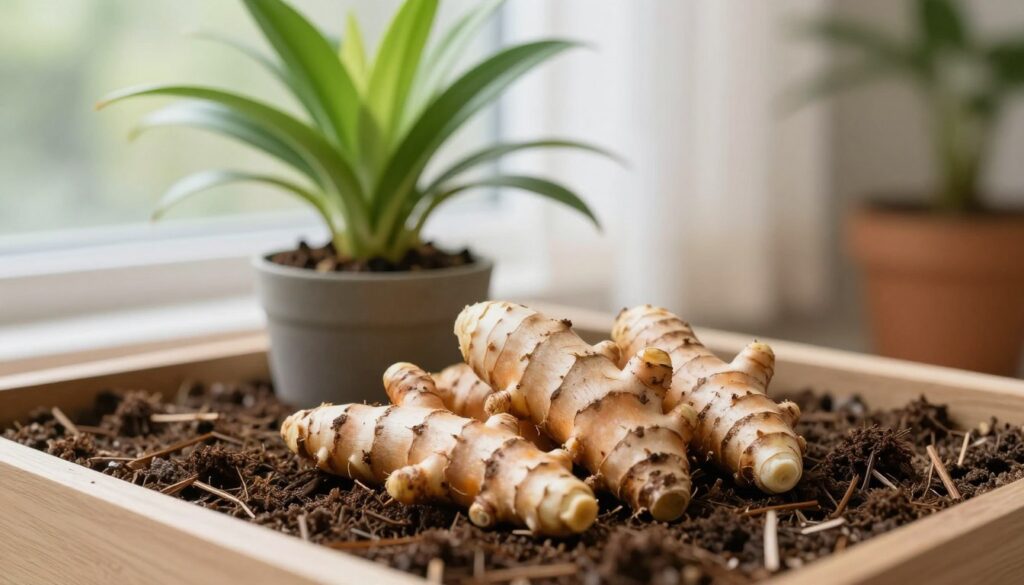 A serene indoor gardening scene focused on the wintering of turmeric rhizomes. In the foreground, a close-up of healthy turmeric rhizomes nestled in a bed of rich potting soil, surrounded by protective mulch. The middle ground features a well-lit, stylish potted turmeric plant, showcasing its lush green leaves. The background reveals a cozy window with soft, natural light filtering through sheer curtains, enhancing the indoor atmosphere. Use a shallow depth of field to draw attention to the turmeric rhizomes, with a warm, inviting color palette to convey a sense of tranquility and care. The overall mood is nurturing, representing the peaceful process of plant care during winter. A serene indoor gardening scene focused on the wintering of turmeric rhizomes. In the foreground, a close-up of healthy turmeric rhizomes nestled in a bed of rich potting soil, surrounded by protective mulch. The middle ground features a well-lit, stylish potted turmeric plant, showcasing its lush green leaves. The background reveals a cozy window with soft, natural light filtering through sheer curtains, enhancing the indoor atmosphere. Use a shallow depth of field to draw attention to the turmeric rhizomes, with a warm, inviting color palette to convey a sense of tranquility and care. The overall mood is nurturing, representing the peaceful process of plant care during winter.