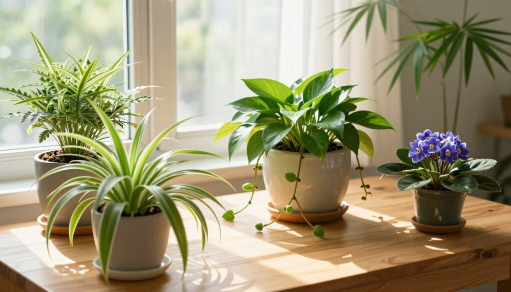 A serene indoor setting showcasing a variety of beautiful cat-safe plants. In the foreground, display vibrant green spider plants and lush, leafy bamboo, carefully arranged on a bright, wooden table. The middle ground features a cheerful pothos plant cascading down in a stylish ceramic pot, alongside a small, flowering African violet. In the background, a sunny window illuminates the scene, with gentle sunlight filtering through sheer curtains, creating soft shadows. The overall atmosphere should feel calm and inviting, highlighting the plants as nurturing options for cat owners. The angle should be slightly elevated, focusing on the arrangement while capturing the warm, natural light that enhances the greenery. A serene indoor setting showcasing a variety of beautiful cat-safe plants. In the foreground, display vibrant green spider plants and lush, leafy bamboo, carefully arranged on a bright, wooden table. The middle ground features a cheerful pothos plant cascading down in a stylish ceramic pot, alongside a small, flowering African violet. In the background, a sunny window illuminates the scene, with gentle sunlight filtering through sheer curtains, creating soft shadows. The overall atmosphere should feel calm and inviting, highlighting the plants as nurturing options for cat owners. The angle should be slightly elevated, focusing on the arrangement while capturing the warm, natural light that enhances the greenery.