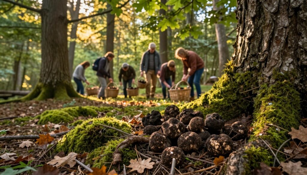 A serene landscape in a Polish forest showcasing diverse regions rich in truffles. In the foreground, a close-up view of the dark, earthy truffles peeking out from beneath the roots of ancient oak trees, with vibrant green moss and fallen leaves around them. In the middle ground, a group of foragers dressed in modest casual clothing, carefully searching the forest floor, with baskets ready for collecting. The background features tall trees with dappled sunlight filtering through the leaves, creating a warm, inviting atmosphere. The scene is illuminated with golden hour lighting, capturing the beauty of nature. A soft depth of field focuses on the truffles while gently blurring the foragers, giving a sense of discovery and adventure. A serene landscape in a Polish forest showcasing diverse regions rich in truffles. In the foreground, a close-up view of the dark, earthy truffles peeking out from beneath the roots of ancient oak trees, with vibrant green moss and fallen leaves around them. In the middle ground, a group of foragers dressed in modest casual clothing, carefully searching the forest floor, with baskets ready for collecting. The background features tall trees with dappled sunlight filtering through the leaves, creating a warm, inviting atmosphere. The scene is illuminated with golden hour lighting, capturing the beauty of nature. A soft depth of field focuses on the truffles while gently blurring the foragers, giving a sense of discovery and adventure.