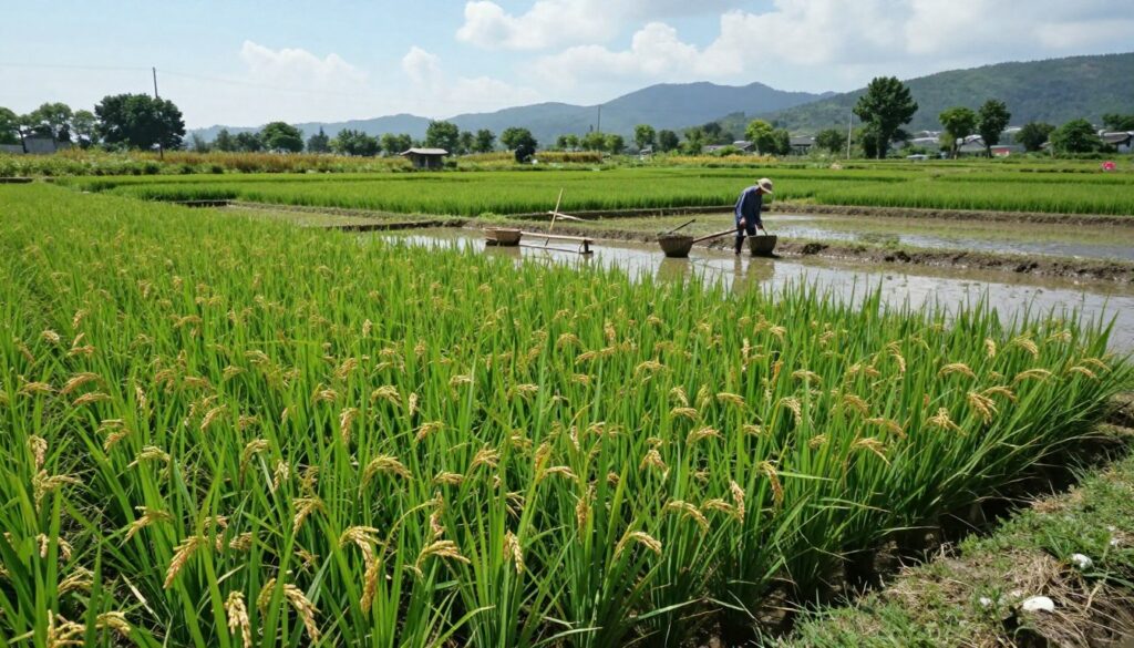 A serene landscape of small-scale rice paddies in Europe, showcasing lush green fields divided by water-filled terraces. In the foreground, clusters of delicate rice plants sway gently in the breeze, their vibrant green stalks glistening under soft, natural sunlight. The middle ground features traditional farming tools, like wooden plows and baskets, along with a farmer in modest, casual clothing tending to the crops, emphasizing sustainable practices. The background reveals rolling hills with scattered trees and a clear blue sky dotted with a few fluffy clouds, invoking a peaceful rural atmosphere. The image is captured from a slightly elevated angle, with a focus on the intricate details of the rice plants and the tranquil farming scene, enhancing its connection to alternative farming methods. A serene landscape of small-scale rice paddies in Europe, showcasing lush green fields divided by water-filled terraces. In the foreground, clusters of delicate rice plants sway gently in the breeze, their vibrant green stalks glistening under soft, natural sunlight. The middle ground features traditional farming tools, like wooden plows and baskets, along with a farmer in modest, casual clothing tending to the crops, emphasizing sustainable practices. The background reveals rolling hills with scattered trees and a clear blue sky dotted with a few fluffy clouds, invoking a peaceful rural atmosphere. The image is captured from a slightly elevated angle, with a focus on the intricate details of the rice plants and the tranquil farming scene, enhancing its connection to alternative farming methods.