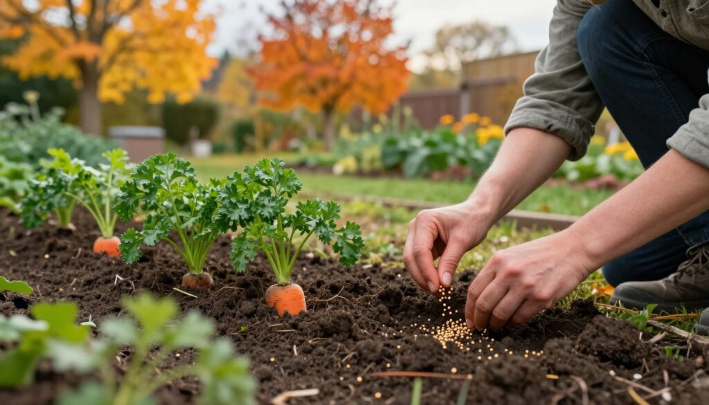 A serene outdoor garden scene in autumn, featuring a gardener kneeling on rich, dark soil as they scatter seeds for winter planting of carrots and parsley. The foreground captures the hands of the gardener in a modest outfit, gently sprinkling the small, round seeds among rows of soil. In the middle ground, sprigs of parsley and young carrot tops peek out of the earth, hinting at future growth. The background showcases vibrant orange and yellow foliage from nearby trees, under a soft, diffused sunlight that gives a warm, inviting glow. The composition is shot from a slightly elevated angle, evoking a sense of tranquility and connection with nature. A serene outdoor garden scene in autumn, featuring a gardener kneeling on rich, dark soil as they scatter seeds for winter planting of carrots and parsley. The foreground captures the hands of the gardener in a modest outfit, gently sprinkling the small, round seeds among rows of soil. In the middle ground, sprigs of parsley and young carrot tops peek out of the earth, hinting at future growth. The background showcases vibrant orange and yellow foliage from nearby trees, under a soft, diffused sunlight that gives a warm, inviting glow. The composition is shot from a slightly elevated angle, evoking a sense of tranquility and connection with nature.