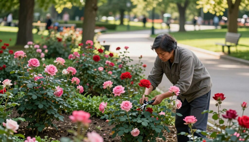 A serene park scene showcasing the meticulous care of park roses during the growing season. In the foreground, a gardener, dressed in modest casual clothing, is gently pruning vibrant pink and red park roses, with a variety of blossoms in different stages of bloom. The middle ground features well-tended rose bushes surrounded by lush green foliage, demonstrating proper spacing for healthy growth. In the background, a sunlit park setting reveals softly blurred walking paths and distant trees casting gentle shadows, creating a peaceful atmosphere. Soft, diffused sunlight filters through the leaves, enhancing the colors of the roses and foliage, with a shallow depth of field that draws the viewer's focus to the gardener and the beautiful flowers being cared for. The overall mood is tranquil and nurturing, capturing the essence of rose care in a vibrant park environment. A serene park scene showcasing the meticulous care of park roses during the growing season. In the foreground, a gardener, dressed in modest casual clothing, is gently pruning vibrant pink and red park roses, with a variety of blossoms in different stages of bloom. The middle ground features well-tended rose bushes surrounded by lush green foliage, demonstrating proper spacing for healthy growth. In the background, a sunlit park setting reveals softly blurred walking paths and distant trees casting gentle shadows, creating a peaceful atmosphere. Soft, diffused sunlight filters through the leaves, enhancing the colors of the roses and foliage, with a shallow depth of field that draws the viewer's focus to the gardener and the beautiful flowers being cared for. The overall mood is tranquil and nurturing, capturing the essence of rose care in a vibrant park environment.