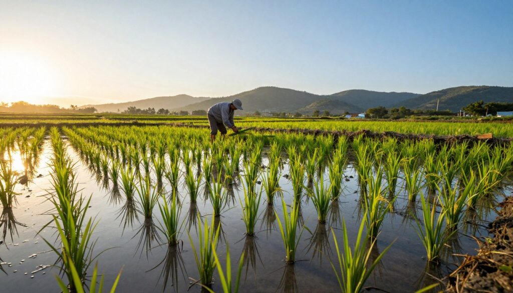 A serene rice field at sunrise, showcasing the essential climatic requirements for rice cultivation. In the foreground, vibrant green rice plants sprout from flooded paddies, their reflections shimmering in the water. The middle ground features a farmer in modest casual clothing, tending to the crops with care, illustrating the human element of rice cultivation. In the background, gently rolling hills and a clear blue sky are illuminated by the warm golden light of dawn, creating a calm, nurturing atmosphere. The scene captures the essence of a rice-growing environment, emphasizing the importance of climate and growth conditions. Use a wide-angle lens to encompass the expansive landscape, ensuring the image conveys tranquility and agricultural harmony.