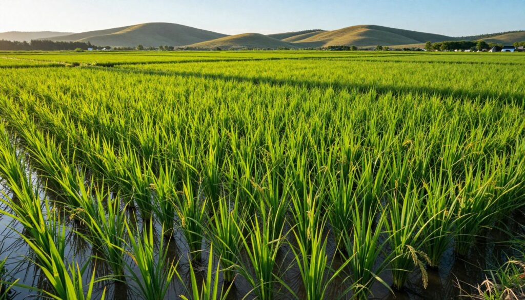 A serene rice paddy landscape in Europe, showcasing lush, green rice plants swaying gently in the breeze. In the foreground, vibrant rice seedlings emerge from shallow, shimmering water, reflecting the clear blue sky above. The middle ground features orderly rows of rice fields, illustrating their geometric patterns, bordered by vibrant green foliage and distant tree lines. In the background, gently rolling hills are visible under soft, golden sunlight, casting long, warm shadows. The scene conveys a tranquil and vibrant agricultural atmosphere, emphasizing the key climatic and soil conditions necessary for rice cultivation. Capture this with a wide-angle lens to encompass the expansive landscape, maintaining a bright and inviting mood. A serene rice paddy landscape in Europe, showcasing lush, green rice plants swaying gently in the breeze. In the foreground, vibrant rice seedlings emerge from shallow, shimmering water, reflecting the clear blue sky above. The middle ground features orderly rows of rice fields, illustrating their geometric patterns, bordered by vibrant green foliage and distant tree lines. In the background, gently rolling hills are visible under soft, golden sunlight, casting long, warm shadows. The scene conveys a tranquil and vibrant agricultural atmosphere, emphasizing the key climatic and soil conditions necessary for rice cultivation. Capture this with a wide-angle lens to encompass the expansive landscape, maintaining a bright and inviting mood.