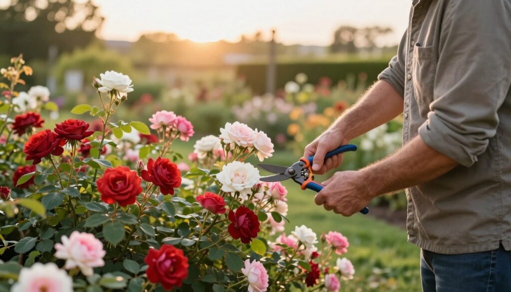 A serene spring garden scene featuring a knowledgeable gardener preparing to prune climbing roses. In the foreground, the gardener, dressed in modest casual clothing, holds a pair of sharp pruning shears and inspects the blooming vines. In the middle ground, vibrant climbing rose bushes display a variety of colors, including reds, pinks, and whites, with lush green foliage. The background features a soft-focus view of a well-kept garden, bathed in warm, golden afternoon sunlight that creates a gentle, inviting atmosphere. The composition suggests a sense of tranquility and readiness for the upcoming gardening task, emphasizing the importance of timing in rose pruning. The angle captures both the gardener's focused expression and the lively presence of the roses, embodying the essence of spring gardening preparation. A serene spring garden scene featuring a knowledgeable gardener preparing to prune climbing roses. In the foreground, the gardener, dressed in modest casual clothing, holds a pair of sharp pruning shears and inspects the blooming vines. In the middle ground, vibrant climbing rose bushes display a variety of colors, including reds, pinks, and whites, with lush green foliage. The background features a soft-focus view of a well-kept garden, bathed in warm, golden afternoon sunlight that creates a gentle, inviting atmosphere. The composition suggests a sense of tranquility and readiness for the upcoming gardening task, emphasizing the importance of timing in rose pruning. The angle captures both the gardener's focused expression and the lively presence of the roses, embodying the essence of spring gardening preparation.