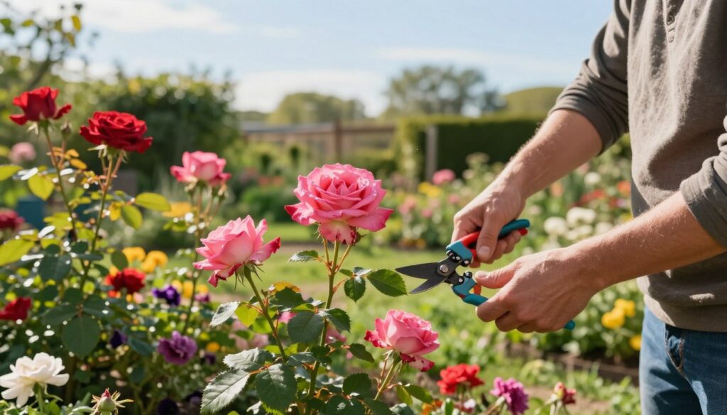A serene spring garden scene showcasing the art of spring rose pruning. In the foreground, a gardener in modest casual clothing gently trims vibrant pink and red rose bushes with specialized pruning shears. The focus is on the fresh, healthy leaves and the blooming petals of the roses, glistening in soft morning sunlight. In the middle ground, lush greenery envelops the garden, peppered with various brightly colored flowers, enhancing the spring vibe. The background features a gentle blurred view of neighboring gardens under a clear blue sky, evoking a sense of tranquility and renewal. The lighting is warm and inviting, capturing the essence of springtime growth and the importance of maintenance for plant health. A serene spring garden scene showcasing the art of spring rose pruning. In the foreground, a gardener in modest casual clothing gently trims vibrant pink and red rose bushes with specialized pruning shears. The focus is on the fresh, healthy leaves and the blooming petals of the roses, glistening in soft morning sunlight. In the middle ground, lush greenery envelops the garden, peppered with various brightly colored flowers, enhancing the spring vibe. The background features a gentle blurred view of neighboring gardens under a clear blue sky, evoking a sense of tranquility and renewal. The lighting is warm and inviting, capturing the essence of springtime growth and the importance of maintenance for plant health.