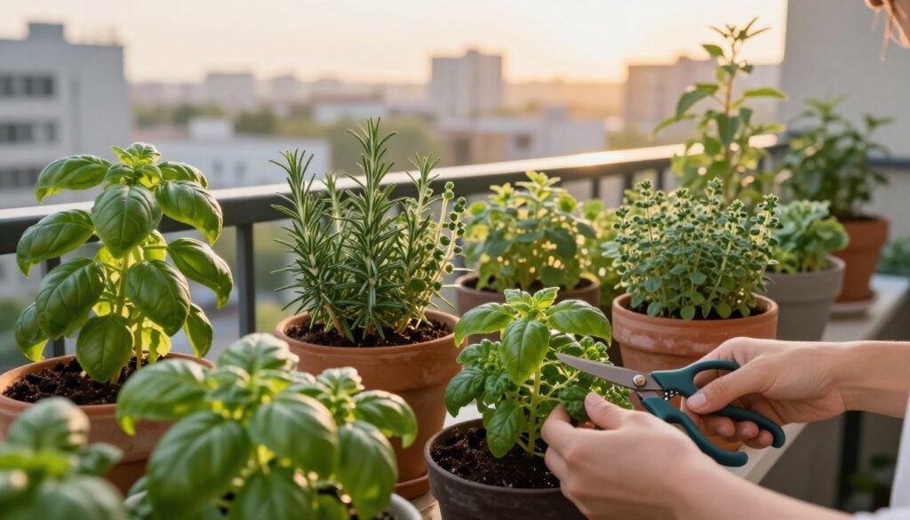 A serene urban balcony garden filled with vibrant herbs such as basil, rosemary, and thyme, showcasing their lush greenery. In the foreground, a pair of hands gently pruning the herbs with a pair of garden scissors, symbolizing care and attention. In the middle, various terracotta pots with healthy plants, some with fresh soil mixed in, highlighting proper maintenance techniques. The background features a soft-focus view of a city skyline under warm golden hour lighting, casting a gentle glow over the scene. The mood is tranquil and nurturing, emphasizing the joy of herb care and growth. Use a wide-angle lens to capture the depth and lushness of this intimate urban oasis.