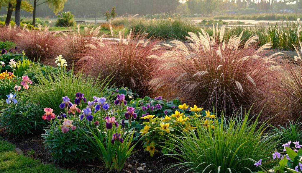 A serene wetland garden featuring a vibrant display of perennial plants and ornamental grasses. In the foreground, cluster of colorful flowering perennials like astilbe and iris, with lush green foliage, dew glistening in the soft morning light. The middle ground showcases vibrant ornamental grasses swaying gently in a light breeze, their feathery panicles illuminated by sunlight. In the background, distant trees and softly blurred wetlands create a tranquil atmosphere. The scene is bathed in warm, golden light, enhancing the rich textures and colors. Shot from a slightly elevated angle to capture the variety and depth, evoking a sense of peace and connection with nature in a moist habitat. A serene wetland garden featuring a vibrant display of perennial plants and ornamental grasses. In the foreground, cluster of colorful flowering perennials like astilbe and iris, with lush green foliage, dew glistening in the soft morning light. The middle ground showcases vibrant ornamental grasses swaying gently in a light breeze, their feathery panicles illuminated by sunlight. In the background, distant trees and softly blurred wetlands create a tranquil atmosphere. The scene is bathed in warm, golden light, enhancing the rich textures and colors. Shot from a slightly elevated angle to capture the variety and depth, evoking a sense of peace and connection with nature in a moist habitat.