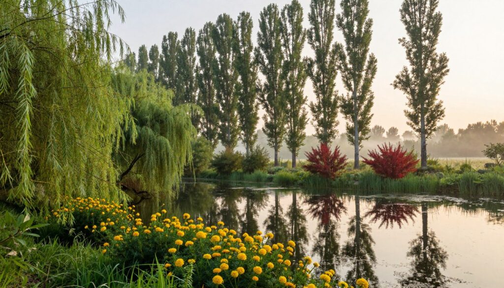 A serene wetland scene featuring a diverse array of wetland trees and shrubs. In the foreground, include vibrant green foliage of willows with their long, trailing branches, and clusters of yellow marsh marigolds near the water’s edge. In the middle ground, depict sturdy, tall poplar trees rising majestically, their reflections shimmering in the calm water. Interspersed, small shrubs like red osier dogwood display their bright stems. In the background, a gentle mist floats over the landscape during golden hour, casting a soft, warm light. Focus on capturing the tranquil mood of this lush ecosystem, with a wide-angle lens perspective that emphasizes depth and expansiveness, creating a peaceful and inviting atmosphere. A serene wetland scene featuring a diverse array of wetland trees and shrubs. In the foreground, include vibrant green foliage of willows with their long, trailing branches, and clusters of yellow marsh marigolds near the water’s edge. In the middle ground, depict sturdy, tall poplar trees rising majestically, their reflections shimmering in the calm water. Interspersed, small shrubs like red osier dogwood display their bright stems. In the background, a gentle mist floats over the landscape during golden hour, casting a soft, warm light. Focus on capturing the tranquil mood of this lush ecosystem, with a wide-angle lens perspective that emphasizes depth and expansiveness, creating a peaceful and inviting atmosphere.