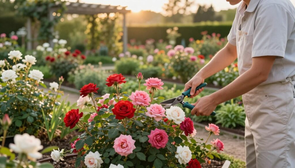 A skilled gardener carefully pruning vibrant climbing roses in a well-maintained rose garden. The foreground features the gardener, dressed in a light, professional outfit, using elegant shears to trim the rose bushes, while the lush, colorful blooms showcase shades of red, pink, and white. In the middle ground, neatly arranged rose bushes are framed by aromatic herbs and greenery, creating a charming garden atmosphere. The background reveals a softly blurred view of a sunlit trellis, with hints of other flowering plants softly illuminated by golden hour light. This scene conveys a sense of tranquility and dedication, perfect for capturing the essence of caring for ground-cover and park roses in a professional gardening context.