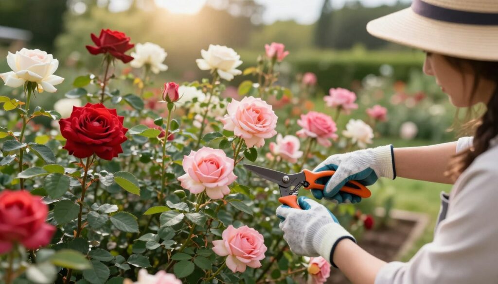 A skilled gardener demonstrating rose pruning techniques in a lush garden setting, focusing on different types of roses. In the foreground, the gardener, wearing gardening gloves and a sun hat, is carefully trimming a variety of rose bushes using sharp pruning shears, showcasing precise cutting techniques. The middle ground features diverse rose varieties in full bloom, displaying vibrant colors such as deep reds, soft pinks, and creamy whites. The background reveals a serene garden landscape, with soft sunlight filtering through the leaves, creating a warm and inviting atmosphere. Capture the details of the rose blooms, the texture of the leaves, and the gentle play of light and shadow, conveying a peaceful and educational mood that reflects the art of rose pruning. A skilled gardener demonstrating rose pruning techniques in a lush garden setting, focusing on different types of roses. In the foreground, the gardener, wearing gardening gloves and a sun hat, is carefully trimming a variety of rose bushes using sharp pruning shears, showcasing precise cutting techniques. The middle ground features diverse rose varieties in full bloom, displaying vibrant colors such as deep reds, soft pinks, and creamy whites. The background reveals a serene garden landscape, with soft sunlight filtering through the leaves, creating a warm and inviting atmosphere. Capture the details of the rose blooms, the texture of the leaves, and the gentle play of light and shadow, conveying a peaceful and educational mood that reflects the art of rose pruning.