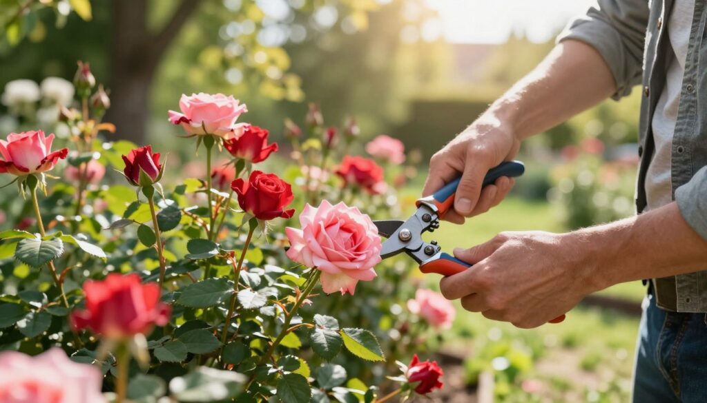 A skilled gardener, dressed in modest casual clothing, gently prunes vibrant rose bushes in a sunlit garden during spring. In the foreground, a pair of secateurs gleams as they clip a blooming rose, showcasing delicate petals in shades of red and pink. The middle layer features lush green foliage surrounding the roses, conveying the vibrancy of new growth. In the background, soft sunlight filters through trees, casting dappled light on the scene, enhancing the feeling of warmth and freshness. The overall atmosphere is calm and focused, reflecting the precision and care involved in spring rose pruning, highlighting the beauty and subtleties of the task. The composition is softly blurred to draw attention to the act of pruning. A skilled gardener, dressed in modest casual clothing, gently prunes vibrant rose bushes in a sunlit garden during spring. In the foreground, a pair of secateurs gleams as they clip a blooming rose, showcasing delicate petals in shades of red and pink. The middle layer features lush green foliage surrounding the roses, conveying the vibrancy of new growth. In the background, soft sunlight filters through trees, casting dappled light on the scene, enhancing the feeling of warmth and freshness. The overall atmosphere is calm and focused, reflecting the precision and care involved in spring rose pruning, highlighting the beauty and subtleties of the task. The composition is softly blurred to draw attention to the act of pruning.