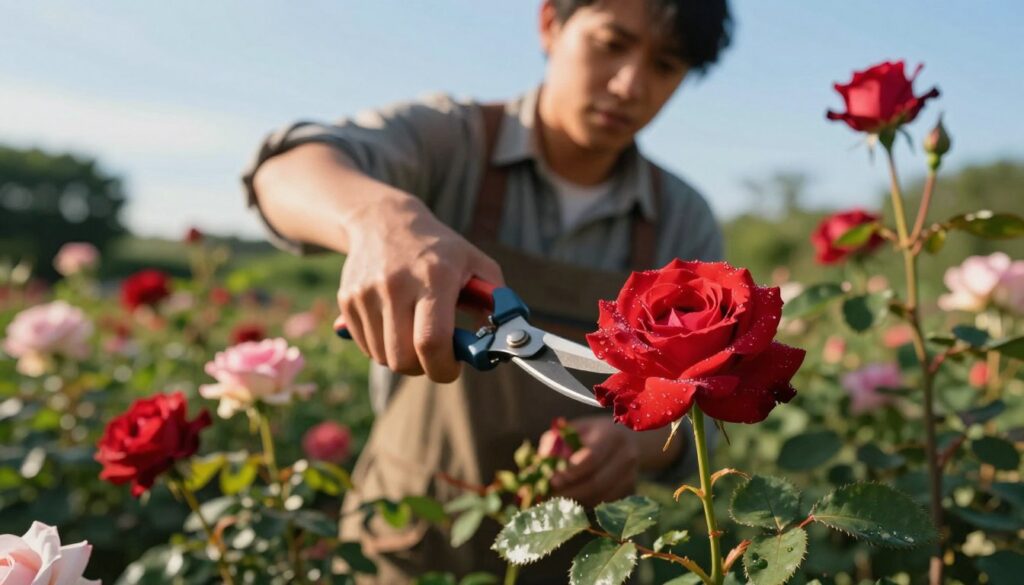 A skilled gardener expertly pruning blooming roses in a sunny garden. In the foreground, a close-up view of a pair of sharp pruning shears cutting a vibrant, red rose stem, dew glistening on the petals. The middle layer shows the gardener, wearing modest gardening attire, focused on their task, surrounded by lush green foliage. In the background, a colorful array of various roses in full bloom adds depth, set against a clear blue sky with soft, warm sunlight illuminating the scene. The atmosphere is tranquil and productive, emphasizing the care and technique involved in horticulture. Capture this moment with a shallow depth of field to highlight the act of pruning while softly blurring the background.