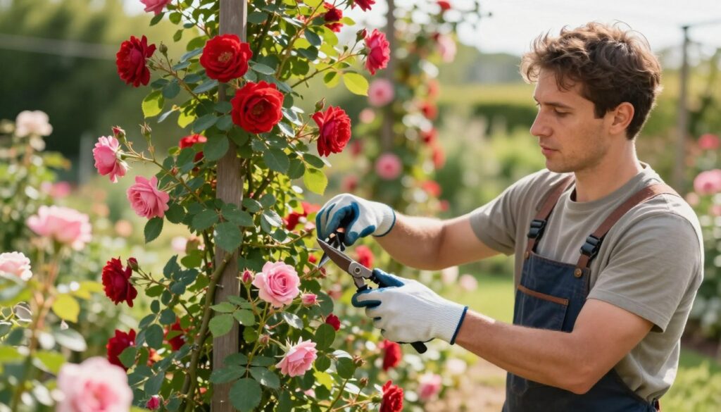 A skilled gardener, wearing a modest gardening outfit and gloves, carefully prunes climbing roses in a vibrant garden filled with lush greenery and blooming flowers. In the foreground, focus on the delicate, freshly cut rose branches with a few intact buds. The gardener looks intent on their task, showcasing a moment of serene concentration. In the middle ground, climbing roses climb gracefully against a trellis, their rich red and pink petals contrasting beautifully with green leaves. The background features a softly blurred garden scene, bathed in warm, dappled sunlight. The overall atmosphere conveys a sense of tranquility and care in nature, highlighting the importance of proper rose pruning techniques. A skilled gardener, wearing a modest gardening outfit and gloves, carefully prunes climbing roses in a vibrant garden filled with lush greenery and blooming flowers. In the foreground, focus on the delicate, freshly cut rose branches with a few intact buds. The gardener looks intent on their task, showcasing a moment of serene concentration. In the middle ground, climbing roses climb gracefully against a trellis, their rich red and pink petals contrasting beautifully with green leaves. The background features a softly blurred garden scene, bathed in warm, dappled sunlight. The overall atmosphere conveys a sense of tranquility and care in nature, highlighting the importance of proper rose pruning techniques.