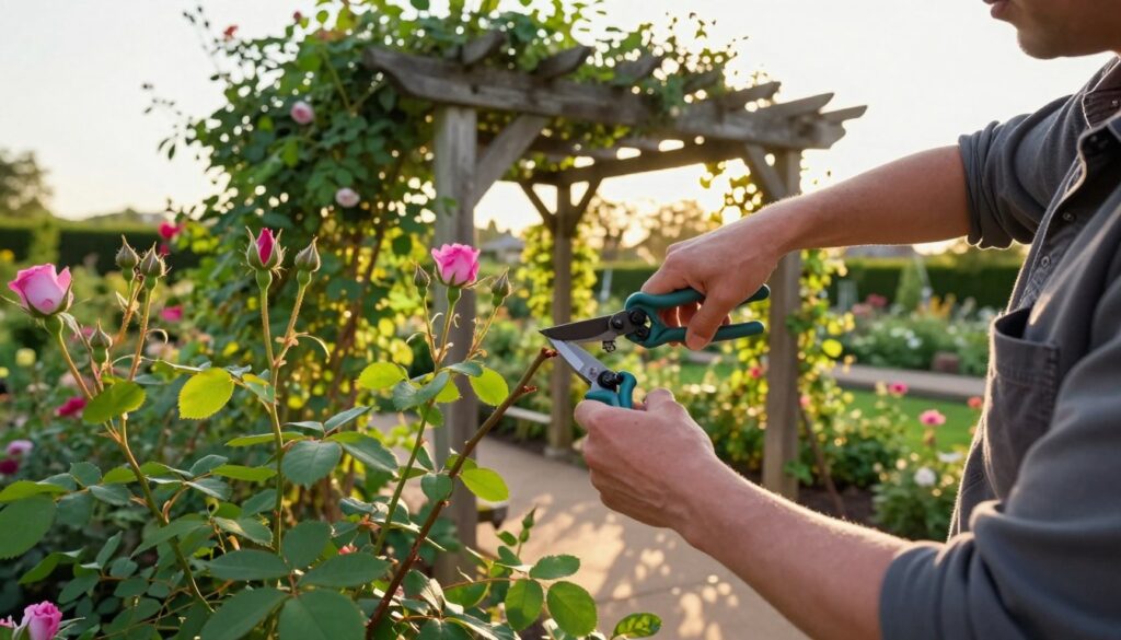 A skillful gardener pruning climbing roses against a trellis by a wall during the golden hour, warm sunlight filtering through leaves. In the foreground, delicate rose buds and leaves showcase vibrant colors of pink and green. The gardener, dressed in modest casual clothing, carefully snips a branch with pruning shears. The middle ground features the sturdy wooden pergola intertwined with lush green vines, creating an inviting atmosphere. In the background, a charming garden stretches out with hints of blooming flowers, soft shadows casting on the ground. The overall mood is serene and focused, highlighting the technique of cutting rose canes with precision. A skillful gardener pruning climbing roses against a trellis by a wall during the golden hour, warm sunlight filtering through leaves. In the foreground, delicate rose buds and leaves showcase vibrant colors of pink and green. The gardener, dressed in modest casual clothing, carefully snips a branch with pruning shears. The middle ground features the sturdy wooden pergola intertwined with lush green vines, creating an inviting atmosphere. In the background, a charming garden stretches out with hints of blooming flowers, soft shadows casting on the ground. The overall mood is serene and focused, highlighting the technique of cutting rose canes with precision.
