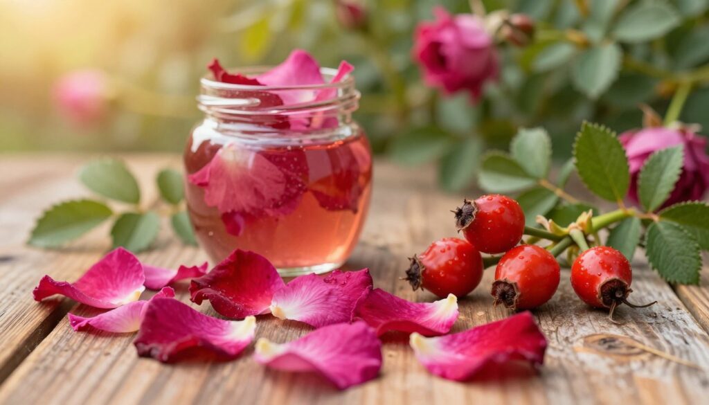 A stunning arrangement of edible rose petals and rose hips, beautifully displayed on a rustic wooden table. In the foreground, vibrant pink and red rose petals are artfully scattered alongside rich, glossy rose hips. The middle ground features a delicate jar filled with rose-infused syrup, with lush green leaves peeking in for contrast. In the background, a soft focus of a blooming rose bush adds depth, bathed in warm, golden sunlight that enhances the colors and textures. The overall ambiance is warm and inviting, evoking a sense of natural beauty and culinary delight. Shot with a macro lens to highlight intricate details, capturing the essence of the healing and culinary properties of these floral ingredients.