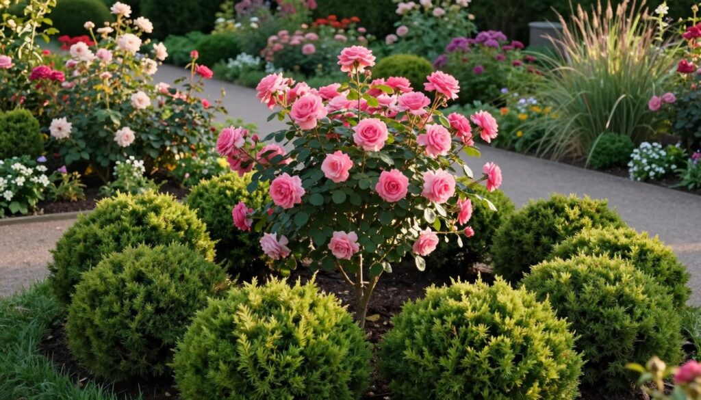 A stunning garden scene featuring a beautifully groomed standard rose tree, its vibrant blooms in various shades of pink, surrounded by an array of elegant evergreen shrubs. The foreground showcases the lush greenery and textured foliage of the shrubs, their rich colors creating a strong foundation for the composition. In the middle ground, the rose tree stands tall, its delicate petals catching the soft afternoon sunlight, casting gentle shadows on the surrounding plants. The background features a serene garden path, lined with additional flowering plants and ornamental grasses, enhancing the scene's depth and tranquility. The atmosphere is calm and inviting, with warm, natural light illuminating the garden, captured from a slightly elevated angle to showcase the entire composition harmoniously. A stunning garden scene featuring a beautifully groomed standard rose tree, its vibrant blooms in various shades of pink, surrounded by an array of elegant evergreen shrubs. The foreground showcases the lush greenery and textured foliage of the shrubs, their rich colors creating a strong foundation for the composition. In the middle ground, the rose tree stands tall, its delicate petals catching the soft afternoon sunlight, casting gentle shadows on the surrounding plants. The background features a serene garden path, lined with additional flowering plants and ornamental grasses, enhancing the scene's depth and tranquility. The atmosphere is calm and inviting, with warm, natural light illuminating the garden, captured from a slightly elevated angle to showcase the entire composition harmoniously.