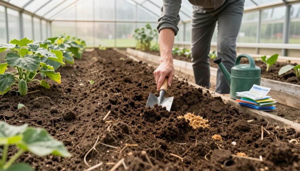 A sunlit greenhouse filled with rows of neatly prepared soil beds ready for planting cucumbers. In the foreground, close-up details show rich, dark soil being turned with a hand trowel, interspersed with organic compost. In the middle ground, a gardener wearing modest casual clothes gently levels the soil, ensuring a perfect surface for planting, surrounded by gardening tools like a watering can and seed packets. The background features tall greenhouse walls made of glass, allowing natural light to pour in, creating a warm and nurturing atmosphere. Soft, diffused lighting highlights the texture of the soil and the vibrant green cucumber plants, conveying a sense of growth and preparation in an idyllic gardening scene. A sunlit greenhouse filled with rows of neatly prepared soil beds ready for planting cucumbers. In the foreground, close-up details show rich, dark soil being turned with a hand trowel, interspersed with organic compost. In the middle ground, a gardener wearing modest casual clothes gently levels the soil, ensuring a perfect surface for planting, surrounded by gardening tools like a watering can and seed packets. The background features tall greenhouse walls made of glass, allowing natural light to pour in, creating a warm and nurturing atmosphere. Soft, diffused lighting highlights the texture of the soil and the vibrant green cucumber plants, conveying a sense of growth and preparation in an idyllic gardening scene.