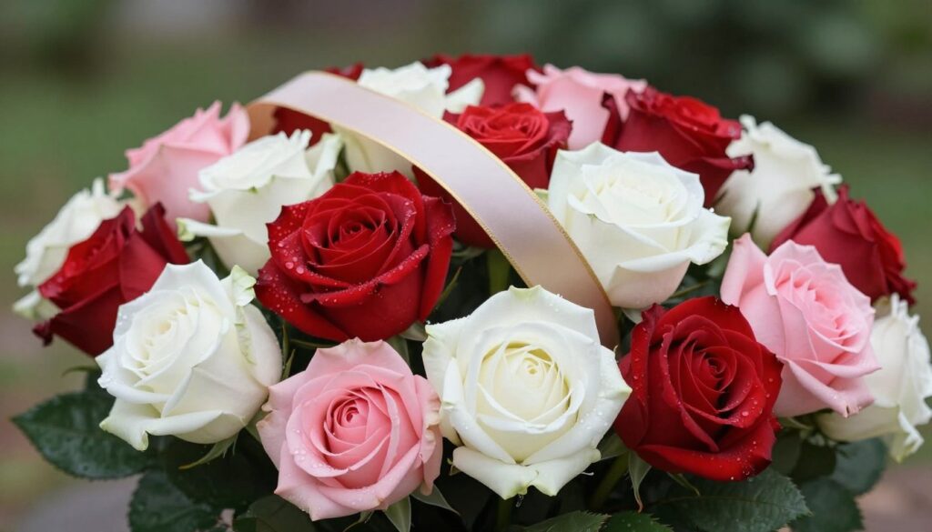 A tastefully arranged bouquet of funeral roses, featuring a variety of colored roses such as deep red, pure white, and soft pink, symbolizing love, purity, and grace respectively. The foreground showcases the delicate petals with dewdrops glistening under soft, diffused natural lighting. In the middle ground, a subtle, elegant ribbon with a muted gold hue gently envelops the stems, adding a touch of refinement. The background consists of a serene, calm setting with blurred green foliage, suggesting a tranquil outdoor atmosphere. The overall mood is respectful and somber, conveying the importance of choosing the right flowers for a farewell. The composition is shot at a slight angle to capture depth and focus on the intricate details of the roses. A tastefully arranged bouquet of funeral roses, featuring a variety of colored roses such as deep red, pure white, and soft pink, symbolizing love, purity, and grace respectively. The foreground showcases the delicate petals with dewdrops glistening under soft, diffused natural lighting. In the middle ground, a subtle, elegant ribbon with a muted gold hue gently envelops the stems, adding a touch of refinement. The background consists of a serene, calm setting with blurred green foliage, suggesting a tranquil outdoor atmosphere. The overall mood is respectful and somber, conveying the importance of choosing the right flowers for a farewell. The composition is shot at a slight angle to capture depth and focus on the intricate details of the roses.