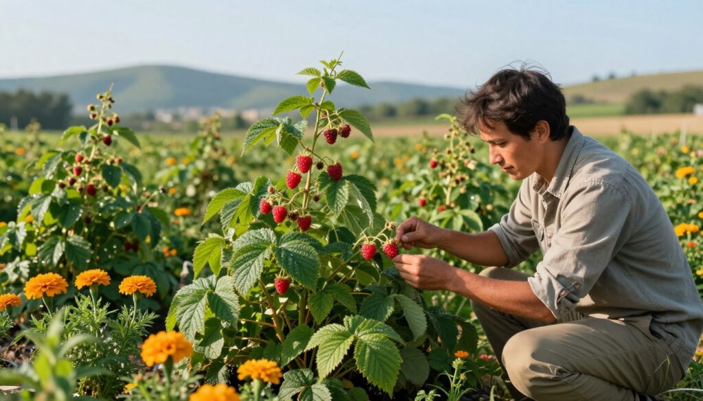 A thriving raspberry farm in early summer, showcasing healthy raspberry plants with ripe, vibrant berries. In the foreground, a gardener in modest casual clothing inspects the plants for pests, using organic methods to protect the crops. Surrounding the gardener, a variety of natural pest deterrents are subtly placed, such as plants like marigolds and companion herbs. The middle of the scene features dense, green raspberry bushes, lush with foliage and glinting dew in the soft morning light. In the background, a blurred landscape of gentle hills under a clear blue sky, enhancing the sense of a serene farming environment. The overall mood is one of care and diligence, reflecting the importance of pest management in sustainable raspberry cultivation.