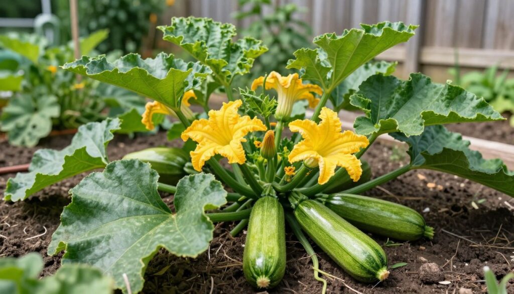 A thriving zucchini plant in a well-maintained vegetable garden, featuring glossy green leaves and vibrant yellow flowers, with young zucchinis in their prime, exhibiting a rich green color. In the foreground, focus on the zucchinis resting on soft, dark soil, showing their smooth texture and fresh appearance, illuminated by bright, natural sunlight. The middle ground captures the lush foliage and flowering blooms, showcasing their connection to optimal growth. In the background, a soft blur of other garden plants and a wooden fence complement the scene, enhancing the feeling of a nurturing environment. The atmosphere is peaceful and vibrant, reflecting the beauty of a healthy garden thriving in optimal growing conditions. The lens is slightly angled to provide depth, emphasizing the freshness and vitality of the zucchinis.