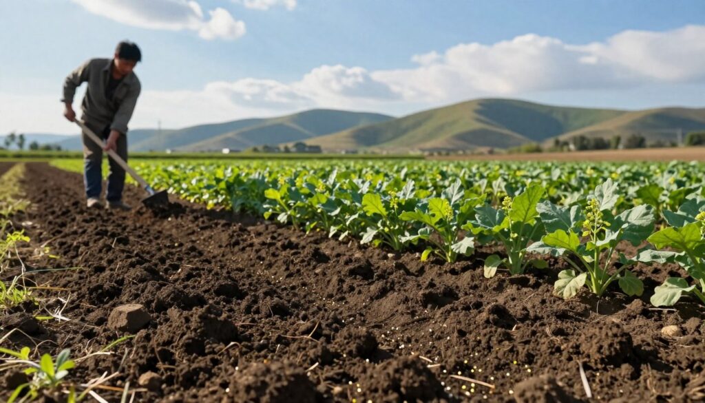 A tranquil agricultural setting showcasing the preparation of mustard planting. In the foreground, rich, dark soil is neatly tilled, with small mustard seeds scattered, reflecting early morning light. To the left, a gardener in modest casual clothing is using a hand tool to aerate the soil, concentration clear on their face. The middle ground features rows of planted mustard, lush green leaves emerging from the earth, indicating healthy growth potential. In the background, soft rolling hills under a bright blue sky provide depth, with a few clouds casting gentle shadows. The lighting is natural and warm, evoking a sense of peace and productivity, highlighting the importance of soil preparation for successful mustard planting.
