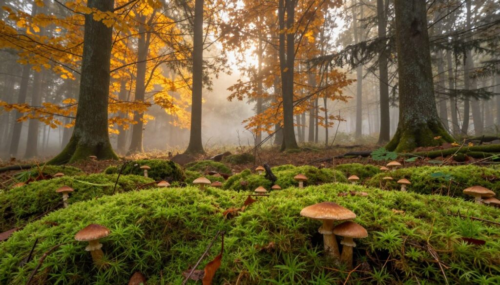 A tranquil forest scene during the first days of autumn, showcasing the ideal atmospheric conditions for mushroom growth. In the foreground, a lush carpet of vibrant green moss dotted with small, emerging mushrooms peeking through. In the middle, tall, dense trees with golden and orange leaves, letting soft dappled sunlight filter through, creating an inviting warm glow. The background features a misty, ethereal landscape with soft fog hovering above the forest floor, hinting at recent rain. The air is crisp and fresh, evoking the feeling of a serene, damp environment perfect for fungi proliferation. Capture this moment with a slightly elevated angle, allowing for a depth of field effect that emphasizes the intricate details of the mushrooms and plants. A tranquil forest scene during the first days of autumn, showcasing the ideal atmospheric conditions for mushroom growth. In the foreground, a lush carpet of vibrant green moss dotted with small, emerging mushrooms peeking through. In the middle, tall, dense trees with golden and orange leaves, letting soft dappled sunlight filter through, creating an inviting warm glow. The background features a misty, ethereal landscape with soft fog hovering above the forest floor, hinting at recent rain. The air is crisp and fresh, evoking the feeling of a serene, damp environment perfect for fungi proliferation. Capture this moment with a slightly elevated angle, allowing for a depth of field effect that emphasizes the intricate details of the mushrooms and plants.