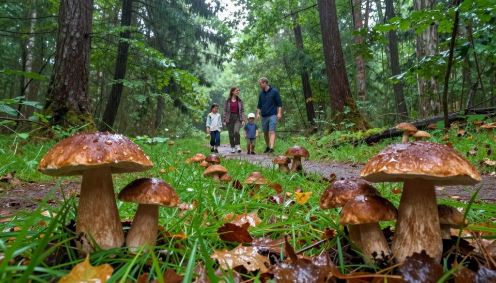 A tranquil forest scene right after a gentle rain, showcasing a vibrant array of mushrooms, particularly the exquisite and coveted porcini mushrooms sprouting among lush green grass and fallen leaves. In the foreground, glistening drops of water cling to the mushrooms’ caps, reflecting the soft light filtering through the trees. The middle ground features an inviting path winding through the trees, where a small family dressed in modest, casual clothing can be seen searching for mushrooms, their expressions filled with joy and anticipation. In the background, tall trees stand majestically, their leaves shimmering with moisture under a softly diffused light, creating a serene and inviting atmosphere perfect for an outdoor adventure. The overall mood is peaceful and refreshing, capturing the essence of mushroom picking after a rain. A tranquil forest scene right after a gentle rain, showcasing a vibrant array of mushrooms, particularly the exquisite and coveted porcini mushrooms sprouting among lush green grass and fallen leaves. In the foreground, glistening drops of water cling to the mushrooms’ caps, reflecting the soft light filtering through the trees. The middle ground features an inviting path winding through the trees, where a small family dressed in modest, casual clothing can be seen searching for mushrooms, their expressions filled with joy and anticipation. In the background, tall trees stand majestically, their leaves shimmering with moisture under a softly diffused light, creating a serene and inviting atmosphere perfect for an outdoor adventure. The overall mood is peaceful and refreshing, capturing the essence of mushroom picking after a rain.