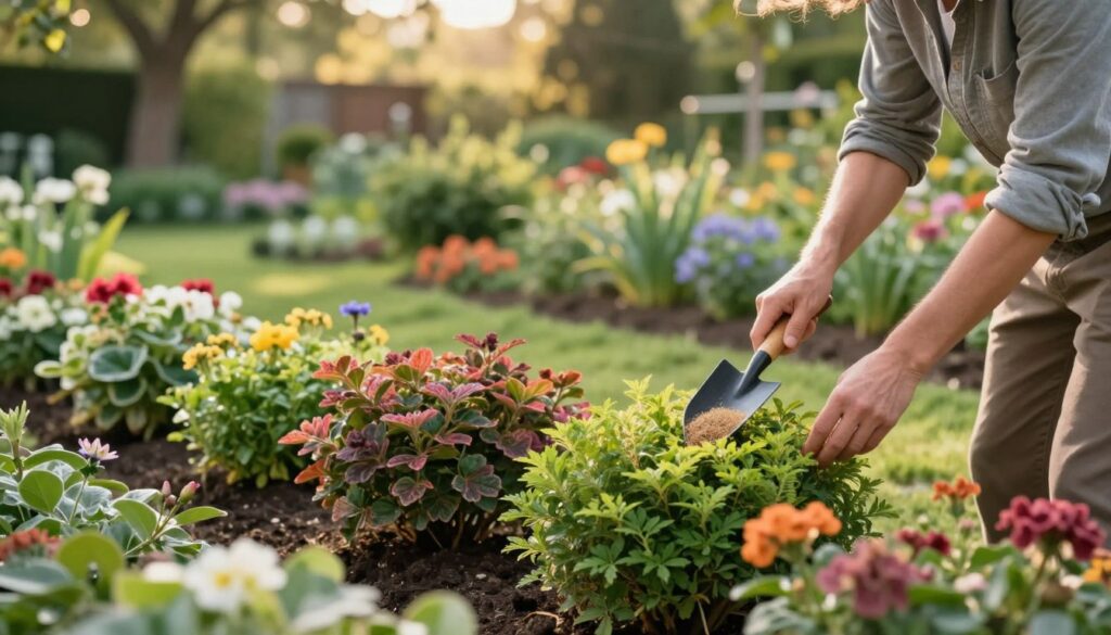 A tranquil garden scene that showcases essential fertilization techniques for ornamental shrubs. In the foreground, a gardener in modest casual clothing is using a trowel to apply organic fertilizer around lush, flowering shrubs, with various colors and textures of foliage visible. In the middle ground, well-maintained rows of ornamental plants are interspersed with colorful blooms, illustrating the importance of timing and technique in gardening. The background features a sun-drenched garden with a soft bokeh effect, enhancing the focus on the gardener and the plants. Warm natural light filters through leafy trees, creating a serene atmosphere that evokes a sense of care and the beauty of nurturing plants. The composition should emphasize clarity, balance, and accessibility without any text or distractions. A tranquil garden scene that showcases essential fertilization techniques for ornamental shrubs. In the foreground, a gardener in modest casual clothing is using a trowel to apply organic fertilizer around lush, flowering shrubs, with various colors and textures of foliage visible. In the middle ground, well-maintained rows of ornamental plants are interspersed with colorful blooms, illustrating the importance of timing and technique in gardening. The background features a sun-drenched garden with a soft bokeh effect, enhancing the focus on the gardener and the plants. Warm natural light filters through leafy trees, creating a serene atmosphere that evokes a sense of care and the beauty of nurturing plants. The composition should emphasize clarity, balance, and accessibility without any text or distractions.