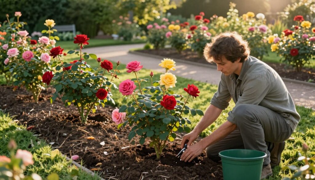 A tranquil garden setting focused on rose care after planting. In the foreground, a gardener in modest casual clothing kneels beside a vibrant rose bush, gently pruning the leaves and checking the soil moistness. The middle ground showcases several thriving rose plants in various colors—red, pink, and yellow—interspersed with rich, dark soil and mulch. In the background, a view of a serene garden path lined with more rose bushes and lush greenery. The lighting is soft and natural, with golden hour sunlight creating a warm glow, casting long shadows. The atmosphere is peaceful and focused on the nurturing aspect of gardening, inviting viewers into the world of rose care. A tranquil garden setting focused on rose care after planting. In the foreground, a gardener in modest casual clothing kneels beside a vibrant rose bush, gently pruning the leaves and checking the soil moistness. The middle ground showcases several thriving rose plants in various colors—red, pink, and yellow—interspersed with rich, dark soil and mulch. In the background, a view of a serene garden path lined with more rose bushes and lush greenery. The lighting is soft and natural, with golden hour sunlight creating a warm glow, casting long shadows. The atmosphere is peaceful and focused on the nurturing aspect of gardening, inviting viewers into the world of rose care.