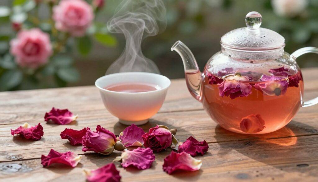 A tranquil scene featuring a glass teapot filled with aromatic rose petal infusion, steam gently rising from it. In the foreground, scattered dried rose petals spill elegantly across a rustic wooden table, their vibrant pink and red hues contrasting with the natural textures. In the middle ground, a delicate ceramic teacup sits beside the teapot, invitingly filled with the infused tea, reflecting soft light. The background showcases a blurred garden setting, with blooming roses and green foliage, suggesting the source of the ingredients. Soft, warm lighting creates a cozy and soothing atmosphere, perfect for illustrating a leisurely moment of tea brewing. The angle is slightly overhead, providing an inviting view of the scene without distractions. A tranquil scene featuring a glass teapot filled with aromatic rose petal infusion, steam gently rising from it. In the foreground, scattered dried rose petals spill elegantly across a rustic wooden table, their vibrant pink and red hues contrasting with the natural textures. In the middle ground, a delicate ceramic teacup sits beside the teapot, invitingly filled with the infused tea, reflecting soft light. The background showcases a blurred garden setting, with blooming roses and green foliage, suggesting the source of the ingredients. Soft, warm lighting creates a cozy and soothing atmosphere, perfect for illustrating a leisurely moment of tea brewing. The angle is slightly overhead, providing an inviting view of the scene without distractions.