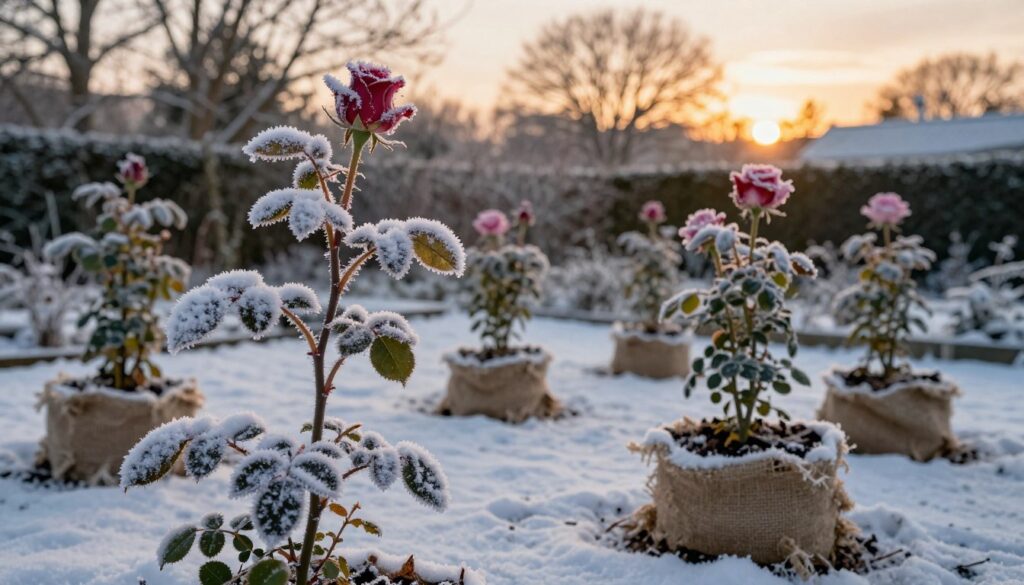 A tranquil winter scene featuring climbing roses and shrub roses, delicately protected against the cold. In the foreground, a close-up of frosted rose stems, their leaves glistening with a layer of snow. In the middle ground, several carefully wrapped rose plants, showcasing burlap and mulch, creating an inviting sense of care. The background reveals a serene winter garden landscape, with a soft blanket of snow covering the ground and bare trees silhouetted against a dusky sunset. The lighting is warm and golden, casting a peaceful glow throughout the scene. The overall mood evokes a sense of protection and winter resilience, essential for preserving the beauty of climbing and bush roses during harsh conditions. A tranquil winter scene featuring climbing roses and shrub roses, delicately protected against the cold. In the foreground, a close-up of frosted rose stems, their leaves glistening with a layer of snow. In the middle ground, several carefully wrapped rose plants, showcasing burlap and mulch, creating an inviting sense of care. The background reveals a serene winter garden landscape, with a soft blanket of snow covering the ground and bare trees silhouetted against a dusky sunset. The lighting is warm and golden, casting a peaceful glow throughout the scene. The overall mood evokes a sense of protection and winter resilience, essential for preserving the beauty of climbing and bush roses during harsh conditions.
