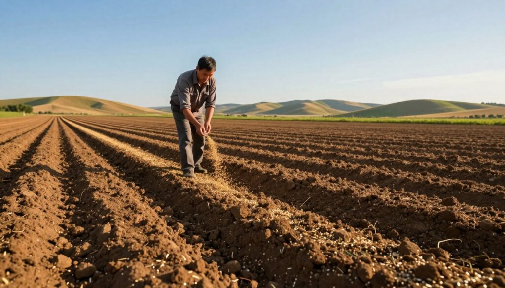 A vibrant agricultural landscape showcasing "siewu zbóż" (sowing of grains), featuring rows of freshly cultivated fields in the foreground, rich brown soil with scattered seeds glistening under the sunlight. In the middle ground, a farmer dressed in modest, professional attire carefully spreads seeds across the earth, with a focused expression, symbolizing the precision of agronomy. The background reveals rolling hills and a clear blue sky, creating a sense of tranquility and harmony with nature. The lighting is warm and inviting, reflecting the golden hour, casting soft shadows that highlight the textures of the soil and grains. The overall mood is hopeful and industrious, capturing the essence of agricultural best practices in action. A vibrant agricultural landscape showcasing "siewu zbóż" (sowing of grains), featuring rows of freshly cultivated fields in the foreground, rich brown soil with scattered seeds glistening under the sunlight. In the middle ground, a farmer dressed in modest, professional attire carefully spreads seeds across the earth, with a focused expression, symbolizing the precision of agronomy. The background reveals rolling hills and a clear blue sky, creating a sense of tranquility and harmony with nature. The lighting is warm and inviting, reflecting the golden hour, casting soft shadows that highlight the textures of the soil and grains. The overall mood is hopeful and industrious, capturing the essence of agricultural best practices in action.