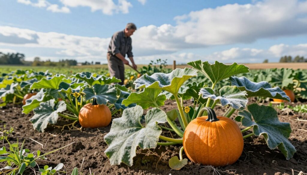 A vibrant agricultural landscape showcasing the cultivation of pumpkin and squash plants after frost has receded. In the foreground, healthy, green pumpkin vines with large, broad leaves and bright orange pumpkins are nestled in rich, dark soil. The middle ground features a farmer in a modest casual outfit, gently tending to the plants, using a small gardening tool. The background reveals a sunny blue sky with a few fluffy clouds, emphasizing a warm and hopeful spring atmosphere. Soft, natural lighting illuminates the scene, casting gentle shadows that enhance the textures of the foliage. The image captures the essence of growth and renewal in a garden setting, reflecting the resilience of these crops in a post-frost environment. A vibrant agricultural landscape showcasing the cultivation of pumpkin and squash plants after frost has receded. In the foreground, healthy, green pumpkin vines with large, broad leaves and bright orange pumpkins are nestled in rich, dark soil. The middle ground features a farmer in a modest casual outfit, gently tending to the plants, using a small gardening tool. The background reveals a sunny blue sky with a few fluffy clouds, emphasizing a warm and hopeful spring atmosphere. Soft, natural lighting illuminates the scene, casting gentle shadows that enhance the textures of the foliage. The image captures the essence of growth and renewal in a garden setting, reflecting the resilience of these crops in a post-frost environment.