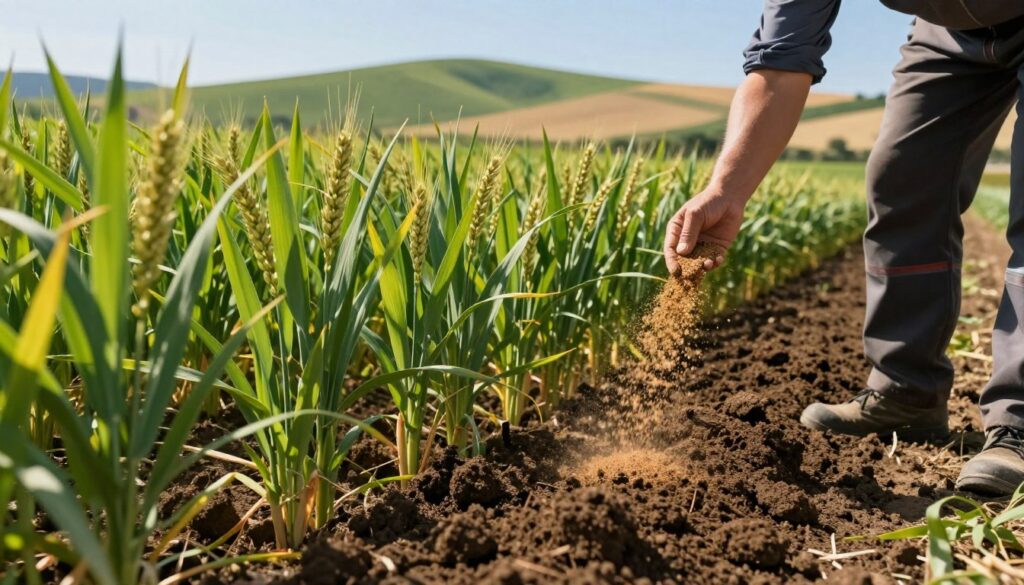 A vibrant agricultural scene depicting soil fertilization in the foreground, featuring a farmer in professional attire, gently spreading organic fertilizer over rich, dark soil. In the middle ground, lush green rye plants are thriving, their healthy leaves shimmering in the sunlight. The background showcases a picturesque landscape with rolling hills under a clear blue sky, casting soft shadows across the field. Bright, warm lighting emphasizes the vitality of the plants and soil, creating a nurturing atmosphere. Focused on showcasing the process of fertilization, the perspective is slightly elevated, capturing both the texture of the soil and the growth of the crops, evoking a sense of harmony between nature and agriculture. A vibrant agricultural scene depicting soil fertilization in the foreground, featuring a farmer in professional attire, gently spreading organic fertilizer over rich, dark soil. In the middle ground, lush green rye plants are thriving, their healthy leaves shimmering in the sunlight. The background showcases a picturesque landscape with rolling hills under a clear blue sky, casting soft shadows across the field. Bright, warm lighting emphasizes the vitality of the plants and soil, creating a nurturing atmosphere. Focused on showcasing the process of fertilization, the perspective is slightly elevated, capturing both the texture of the soil and the growth of the crops, evoking a sense of harmony between nature and agriculture.