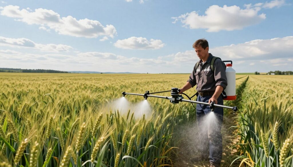 A vibrant agricultural scene depicting sulfur application techniques during the growing season of wheat. In the foreground, a farmer in professional attire is using a modern spray applicator to distribute sulfur fertilizer over lush green wheat fields. The middle ground showcases rows of healthy wheat, their golden heads swaying gently in the breeze. In the background, the sky is a bright blue with fluffy white clouds, and distant hills create a serene landscape. Soft sunlight bathes the scene in a warm glow, emphasizing the agricultural activity and the importance of sulfur in enhancing grain yield and quality. The composition should convey a sense of diligence and care for sustainable farming practices. A vibrant agricultural scene depicting sulfur application techniques during the growing season of wheat. In the foreground, a farmer in professional attire is using a modern spray applicator to distribute sulfur fertilizer over lush green wheat fields. The middle ground showcases rows of healthy wheat, their golden heads swaying gently in the breeze. In the background, the sky is a bright blue with fluffy white clouds, and distant hills create a serene landscape. Soft sunlight bathes the scene in a warm glow, emphasizing the agricultural activity and the importance of sulfur in enhancing grain yield and quality. The composition should convey a sense of diligence and care for sustainable farming practices.