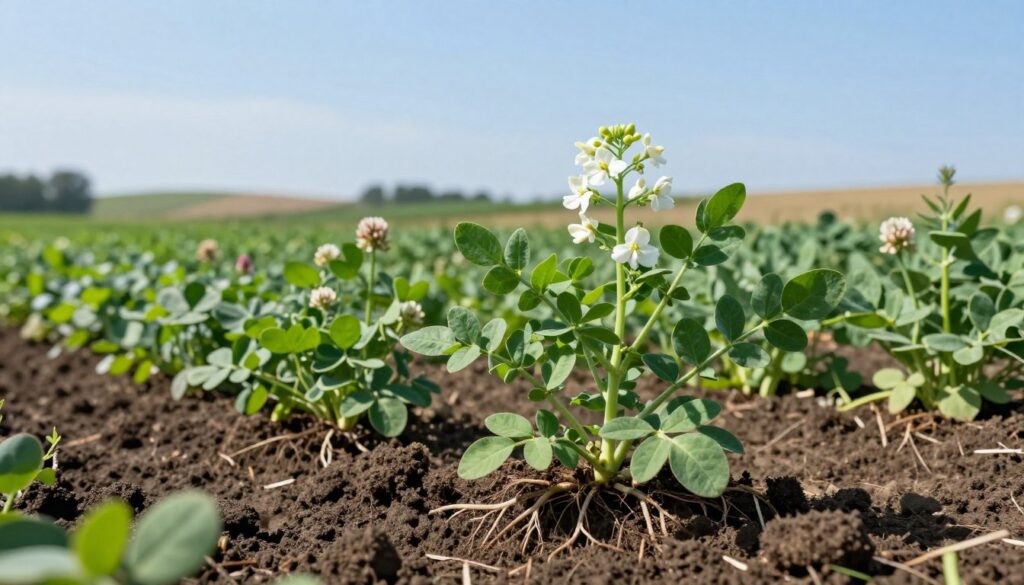 A vibrant agricultural scene depicting the concept of nitrogen in soil, focusing on lush green legumes, particularly fava beans with delicate white flowers. In the foreground, healthy plants are thriving with deep roots visibly interacting with dark, nutrient-rich soil. The middle ground features a diverse mix of companion plants known for enhancing nitrogen absorption, such as clover and peas, set against a sunlit field. The background includes a gently rolling landscape and a clear blue sky, enhancing the sense of growth and fertility. Soft, natural light casts gentle shadows, creating a serene and optimistic atmosphere, showcasing the beauty of sustainable agriculture. View from a low angle to emphasize the plants’ height and vitality, with a shallow depth of field to focus on the foreground. A vibrant agricultural scene depicting the concept of nitrogen in soil, focusing on lush green legumes, particularly fava beans with delicate white flowers. In the foreground, healthy plants are thriving with deep roots visibly interacting with dark, nutrient-rich soil. The middle ground features a diverse mix of companion plants known for enhancing nitrogen absorption, such as clover and peas, set against a sunlit field. The background includes a gently rolling landscape and a clear blue sky, enhancing the sense of growth and fertility. Soft, natural light casts gentle shadows, creating a serene and optimistic atmosphere, showcasing the beauty of sustainable agriculture. View from a low angle to emphasize the plants’ height and vitality, with a shallow depth of field to focus on the foreground.