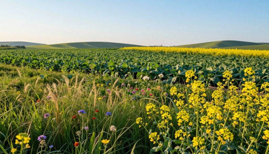 A vibrant agricultural scene showcasing a variety of green plant mixtures, prominently featuring canola (rapeseed) plants at different growth stages. In the foreground, lush canola flowers bloom in bright yellow, surrounded by tall grasses and colorful wildflowers, indicating a diverse ecosystem. The middle ground reveals rows of mixed crops, displaying a rich texture of green leaves and yellow blossoms, emphasizing the coexistence of different species. In the background, a clear blue sky meets gentle rolling hills, creating a serene atmosphere. Soft, warm lighting bathes the scene, suggesting either early morning or late afternoon, with a focus on sharp details in the foreground and a slightly blurred effect in the background to create depth. The overall mood is peaceful and productive, highlighting the importance of plant mixtures in agriculture. A vibrant agricultural scene showcasing a variety of green plant mixtures, prominently featuring canola (rapeseed) plants at different growth stages. In the foreground, lush canola flowers bloom in bright yellow, surrounded by tall grasses and colorful wildflowers, indicating a diverse ecosystem. The middle ground reveals rows of mixed crops, displaying a rich texture of green leaves and yellow blossoms, emphasizing the coexistence of different species. In the background, a clear blue sky meets gentle rolling hills, creating a serene atmosphere. Soft, warm lighting bathes the scene, suggesting either early morning or late afternoon, with a focus on sharp details in the foreground and a slightly blurred effect in the background to create depth. The overall mood is peaceful and productive, highlighting the importance of plant mixtures in agriculture.