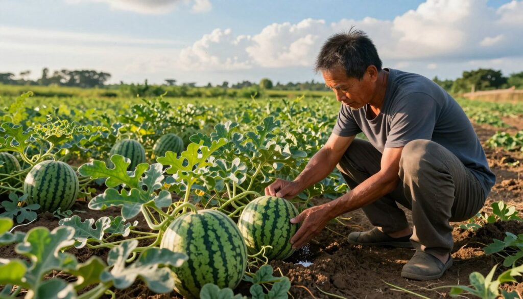 A vibrant agricultural scene showcasing the nurturing process of watermelon cultivation. In the foreground, a farmer in practical attire kneels beside rich, dark soil, gently applying organic fertilizer to healthy, sprawling watermelon plants adorned with large, green leaves and growing fruit. The middle ground features rows of watermelons basking under soft, golden sunlight, emphasizing their glossy, striped skin. In the background, a lush landscape with a blue sky dotted with fluffy clouds enhances the rural atmosphere. Natural light casts warm highlights and gentle shadows, creating a serene yet industrious mood, perfect for illustrating the importance of fertilization during the growing period of watermelons. A vibrant agricultural scene showcasing the nurturing process of watermelon cultivation. In the foreground, a farmer in practical attire kneels beside rich, dark soil, gently applying organic fertilizer to healthy, sprawling watermelon plants adorned with large, green leaves and growing fruit. The middle ground features rows of watermelons basking under soft, golden sunlight, emphasizing their glossy, striped skin. In the background, a lush landscape with a blue sky dotted with fluffy clouds enhances the rural atmosphere. Natural light casts warm highlights and gentle shadows, creating a serene yet industrious mood, perfect for illustrating the importance of fertilization during the growing period of watermelons.