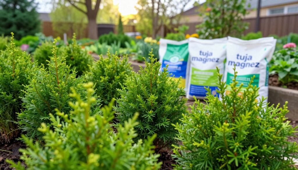 A vibrant and detailed composition showcasing "tuja magnez", featuring lush green tuja plants in the foreground, with healthy, thick foliage displaying fresh spring growth. The middle ground includes bags of organic fertilizer, labeled as containing magnesium, placed artistically to suggest their role in the mineral enrichment process. In the background, a serene garden landscape under soft, natural daylight creates an inviting atmosphere, with gentle sunlight filtering through trees. The lens should capture a slightly elevated angle, emphasizing the texture of the leaves and the richness of the fertilizer, evoking a feeling of rejuvenation and care for the environment. The scene conveys a sense of optimism and renewal, symbolizing the importance of mineral nutrients in the regeneration of coniferous plants.