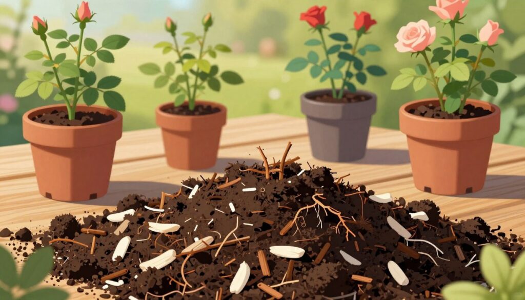 A vibrant and detailed illustration of a potting mix suitable for potted roses. In the foreground, show a close-up of rich, dark soil interspersed with vibrant white and brown mulch, along with small, healthy rose roots peeking out. In the middle ground, include several potted rose plants in varied sizes, showcasing their lush green leaves and budding flowers, set against a light wooden table. The background hints at a sunny garden scene, with soft, natural light illuminating the space, casting gentle shadows. The overall atmosphere is serene and inviting, perfect for gardening enthusiasts. The composition focuses on the textures and colors to convey the importance of choosing the right growing medium for roses. A vibrant and detailed illustration of a potting mix suitable for potted roses. In the foreground, show a close-up of rich, dark soil interspersed with vibrant white and brown mulch, along with small, healthy rose roots peeking out. In the middle ground, include several potted rose plants in varied sizes, showcasing their lush green leaves and budding flowers, set against a light wooden table. The background hints at a sunny garden scene, with soft, natural light illuminating the space, casting gentle shadows. The overall atmosphere is serene and inviting, perfect for gardening enthusiasts. The composition focuses on the textures and colors to convey the importance of choosing the right growing medium for roses.